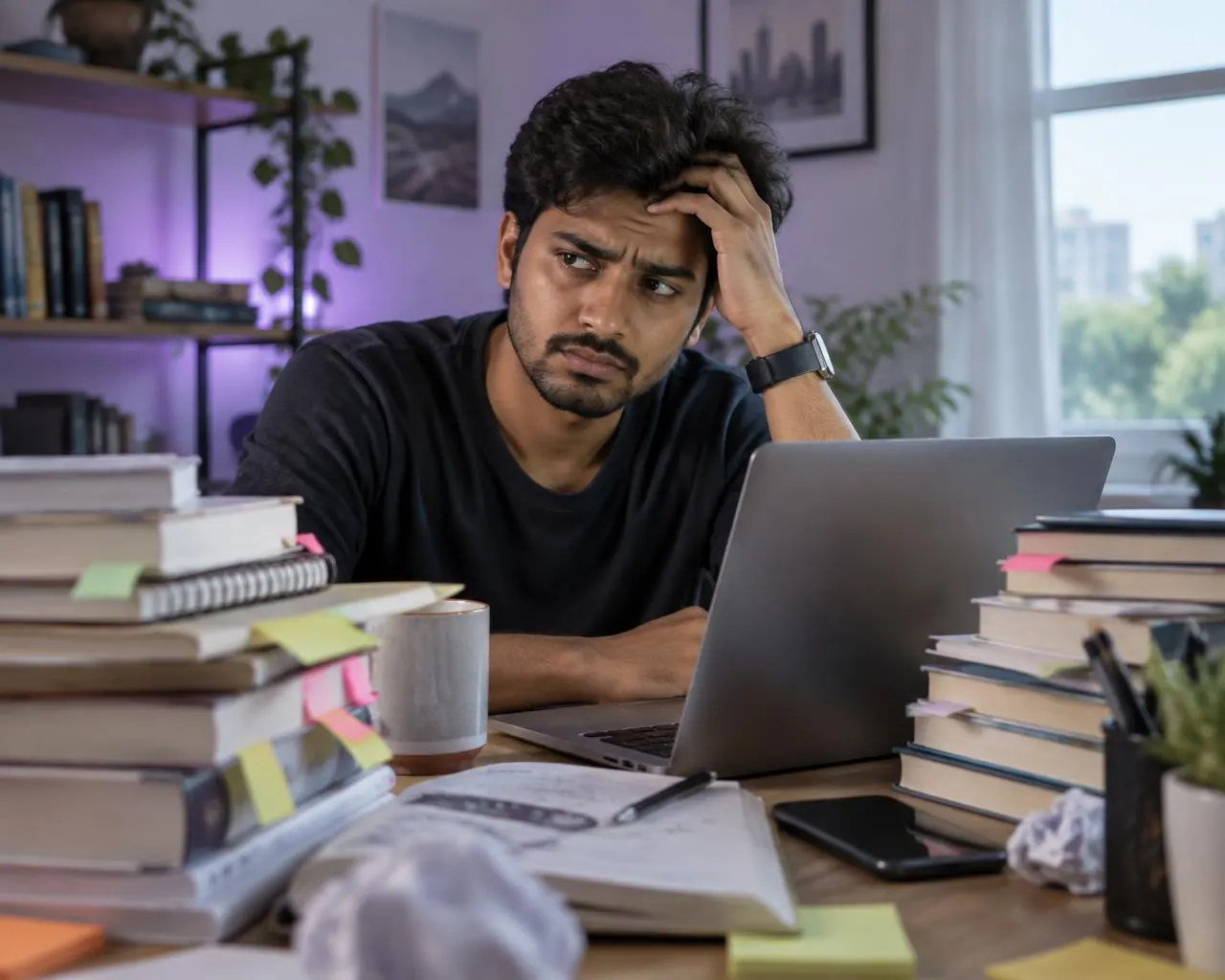 Indian professional overwhelmed by productivity hacks and books